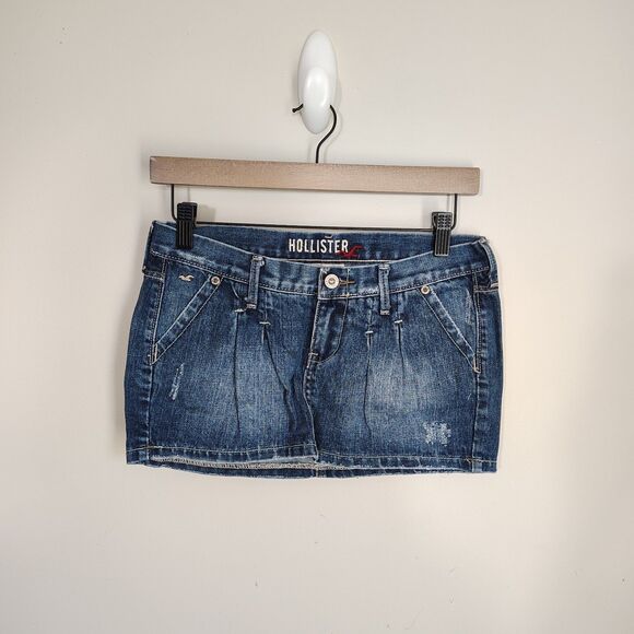 Vtg Hollister Micro Mini Denim Pleated Low Rise Skirt Y2K Distressed Size 0 - Picture 1 of 9